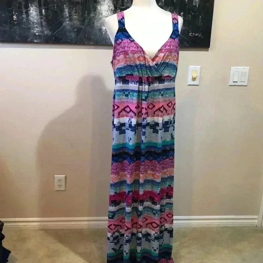 Metaphor Geometric Design Multi Colored V Neck Pleated Empire Waist Maxi-XL